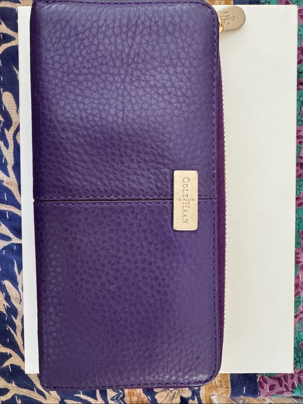 Cole Haan Purple Pebbled Leather Zip Wallet with Gold Hardware